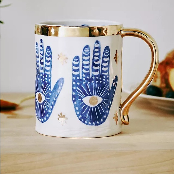 Anthropologie insight Mug Hamsa Coffee Tea evil eye gold hands stars protection - Picture 5 of 10